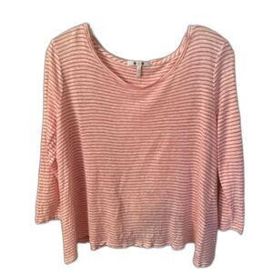 THREE DOTS SIZE LARGE WHITE RED STRIPED LINEN BLEND 3/4 SLEEVE FLYAWAY BACK TOP